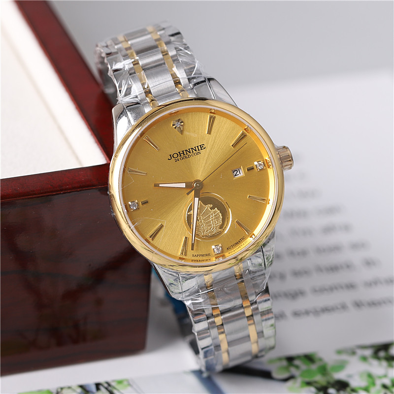 正品johnnie尊尼手表男表女表情侣表自动机械表商务时尚24k金9063