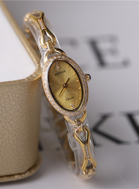 正品MESHOR名梭手表女表女士时尚石英表手链防水椭圆镶钻超薄7027