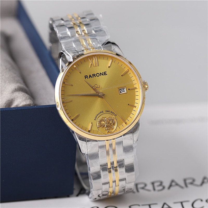 正品RARONE雷诺手表男表女表情侣石英表24K金奢华商务防水837001