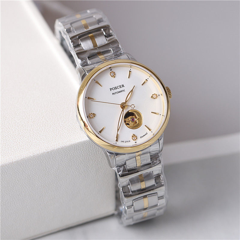 女士机械表女士防水真钻镂空