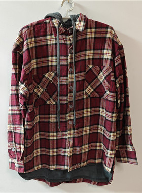 MAMC加绒假两件秋冬加厚保暖绒连帽衬衫男女格子衬衣