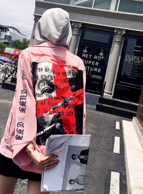 DCFJ贴布破洞哥特字体水洗牛仔外套  情侣款涂鸦人像宽松休闲夹克