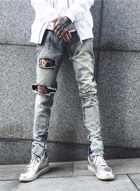 SuaMoment SUA血爪痕抓痕单边大破洞牛仔裤潮牌男女款拉链小脚裤