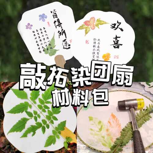 乐创植物拓染复古团扇敲拓染贴画