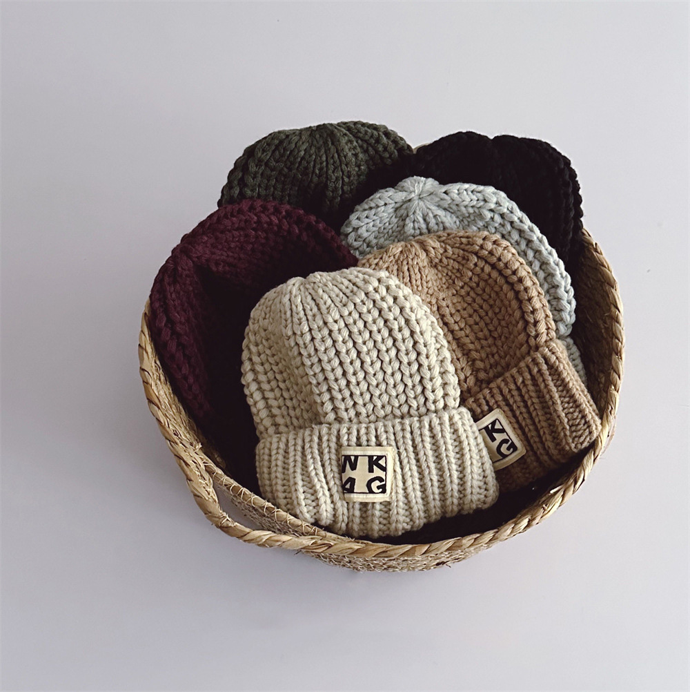 混纺套头帽翻边粗线韩风童帽洋气