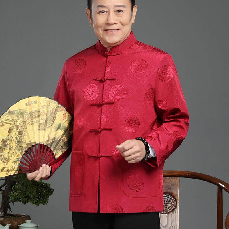 唐装男秋冬季中老年夹克中式红色本命绸缎宴会中国风生日男装上衣