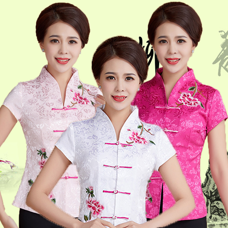 夏季女士修身民族风绣花半袖上衣