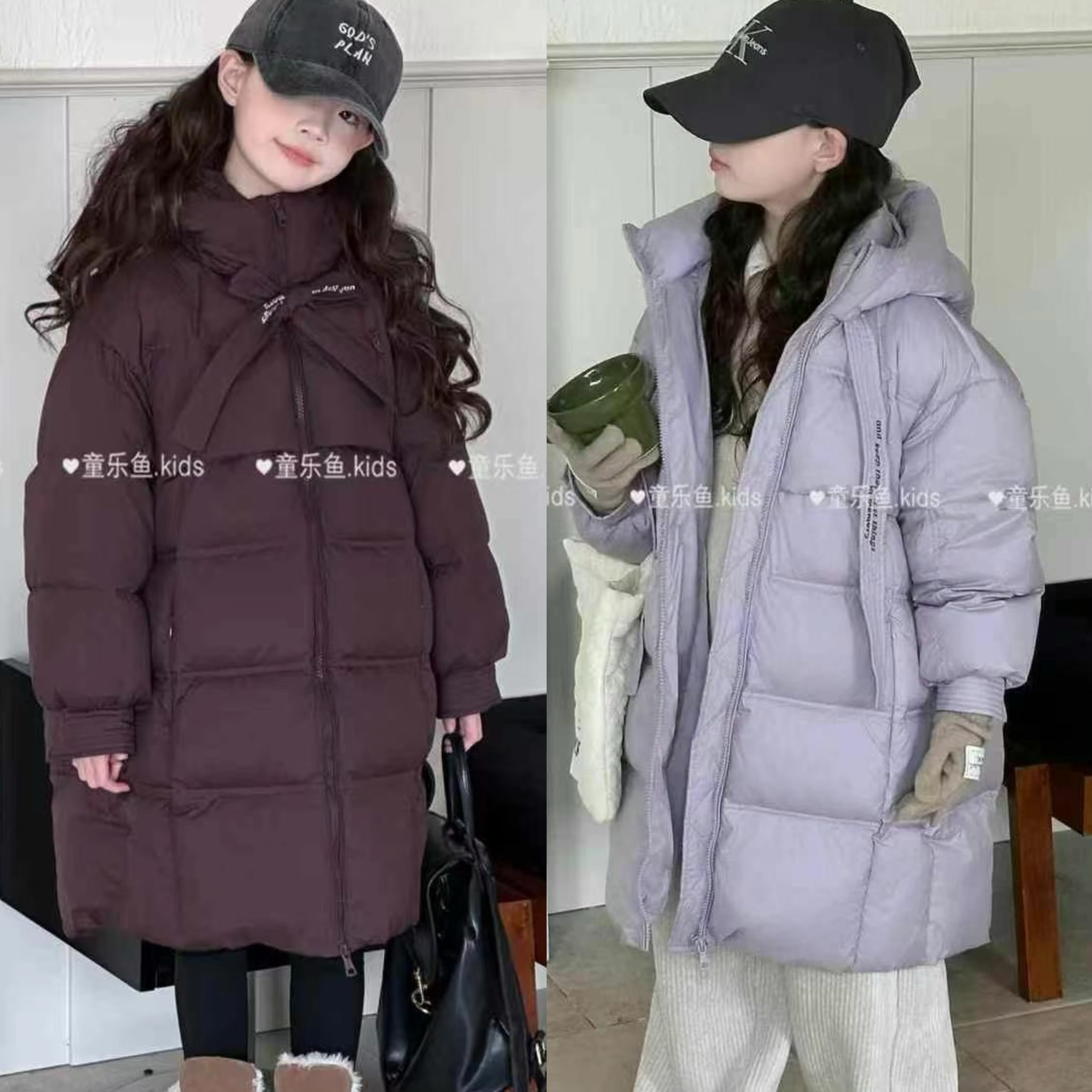 童乐鱼2024冬新款女童中长款羽绒服外套中大儿童90白鸭绒洋气3937