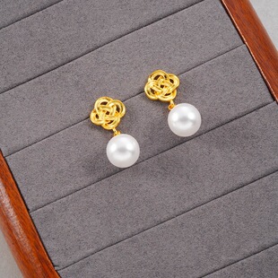 爆款 越南沙金爱心镶仿珍珠耳钉潮流设计感久不掉色如意结耳坠饰品