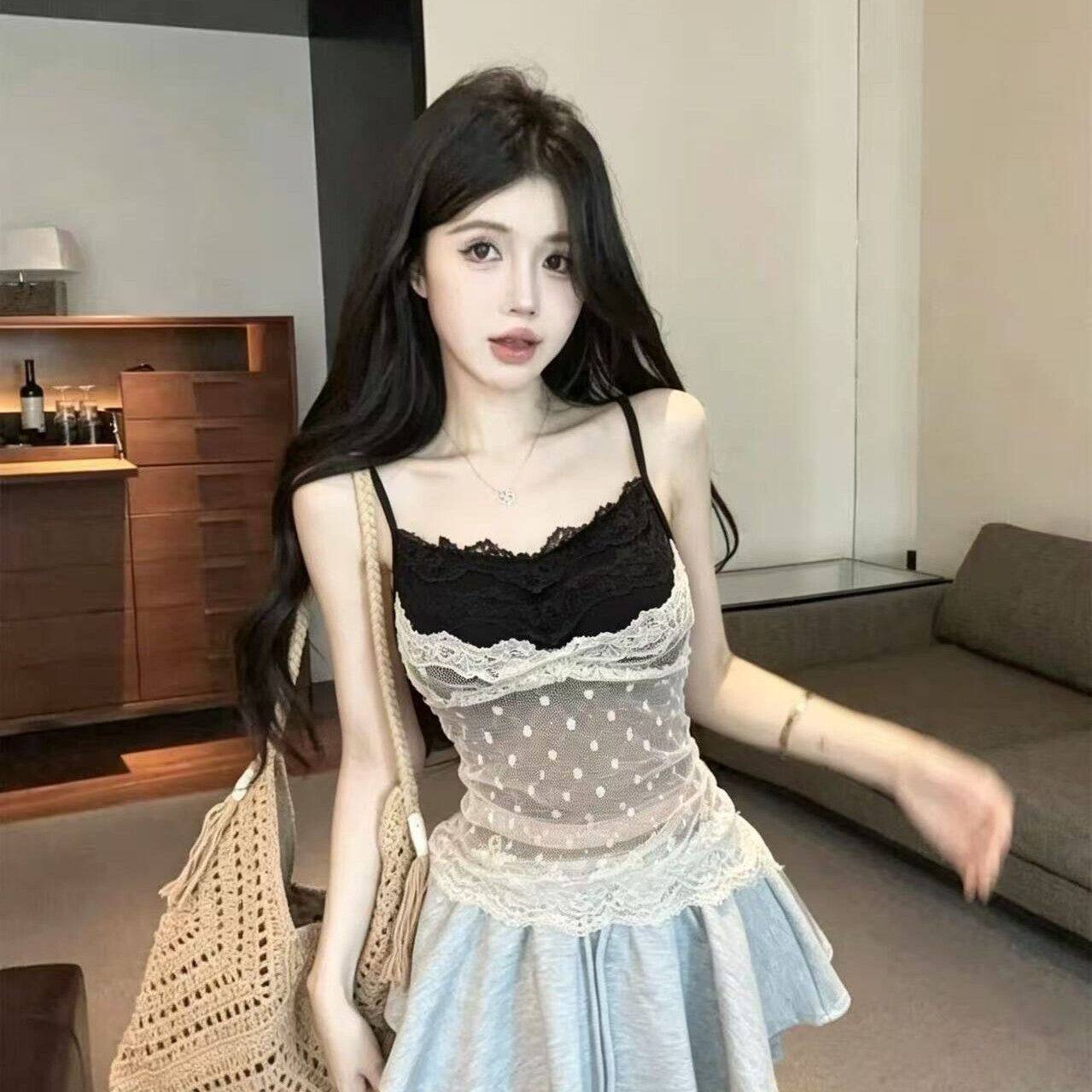 蕾丝拼接吊带背心波点精致撞色