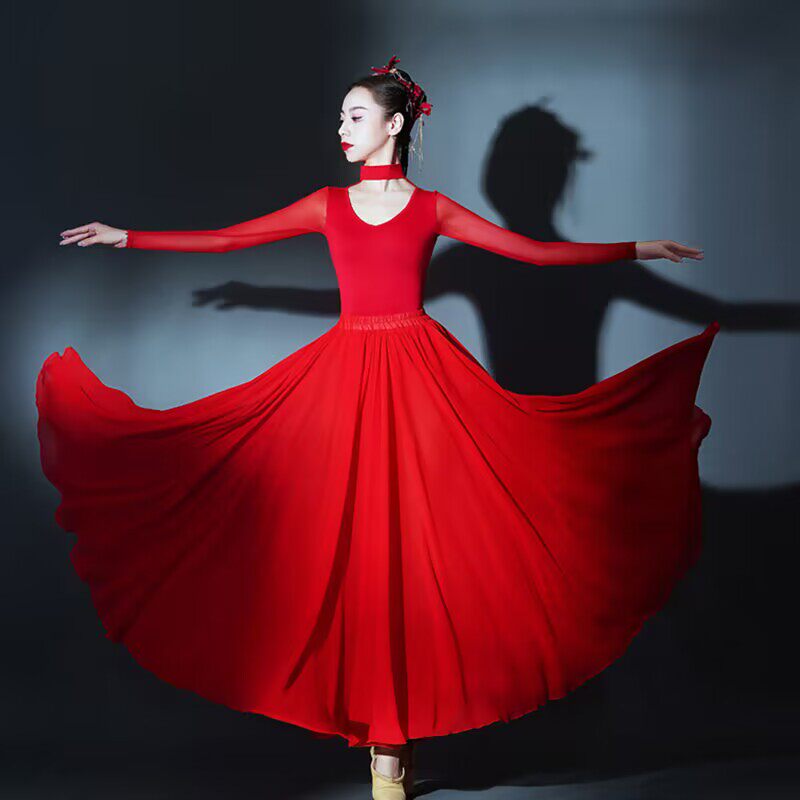 中国风舞蹈服现代舞飘逸红色大摆裙万疆开场舞女如愿演出服