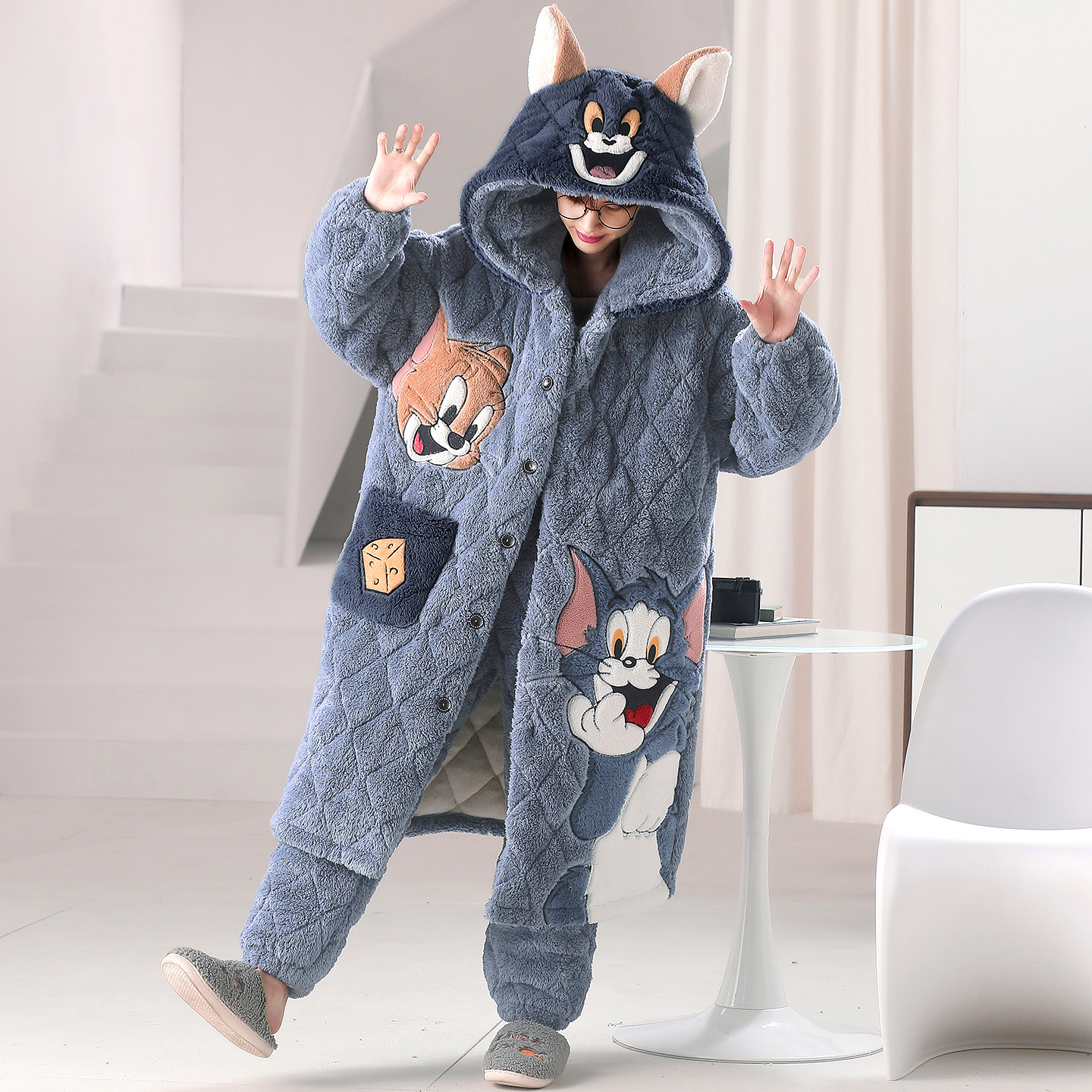 珊瑚绒睡衣男冬季三层夹棉加厚加绒学生青少年男孩睡袍家居服套装