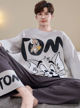 睡衣男春秋季长袖纯棉卡通青少年秋天薄款全棉初中学生家居服套装