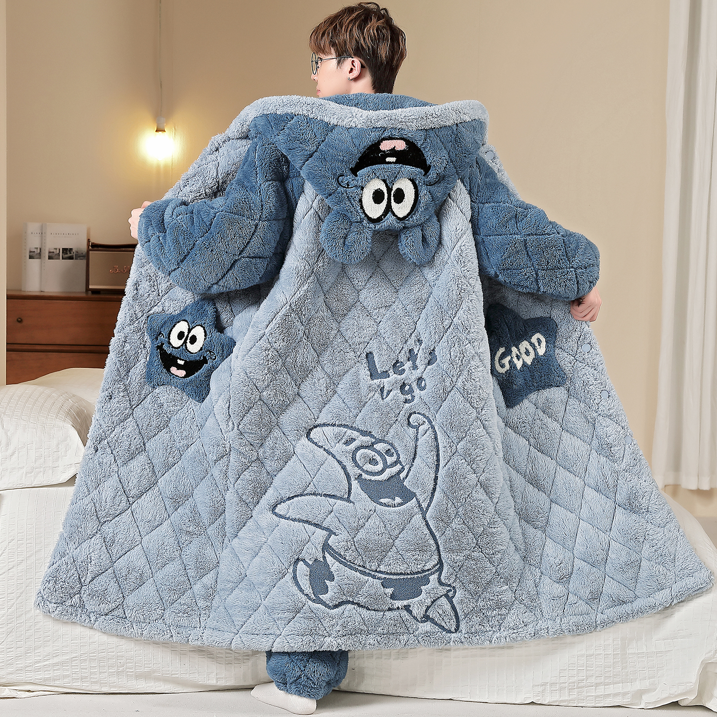 男士珊瑚绒睡袍秋冬季三层夹棉