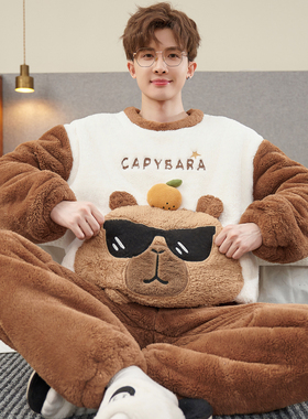 秋冬季珊瑚绒睡衣男士加厚加绒高中生男孩青少年法兰绒家居服冬款