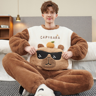 秋冬季珊瑚绒睡衣男士加厚加绒高中生男孩青少年法兰绒家居服冬款