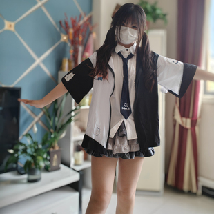 二次元男女同款夏装可爱薄款短外套耳朵连帽软妹猫咪印花防晒衣