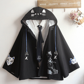 风衣外套 古风狐狸刺绣猫咪宽松连帽大码 男女同款 可爱混搭斗篷开衫