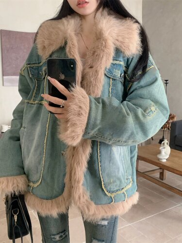 牛仔外套女冬季毛绒加厚宽松上衣