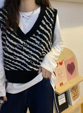 斑马纹针织毛衣女士马甲背心坎肩