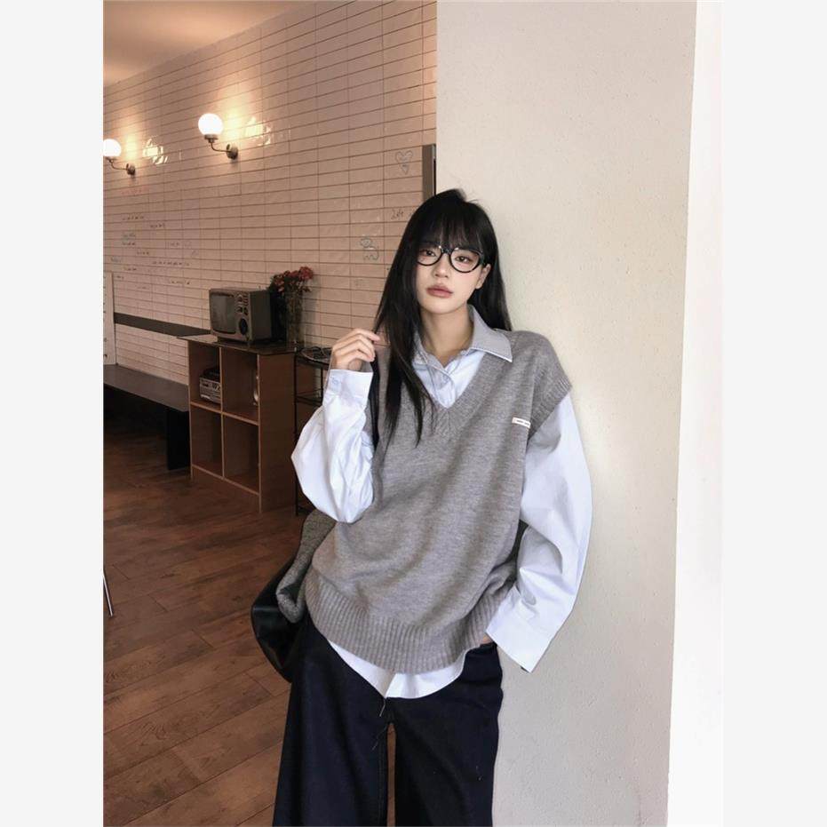 慵懒风格分层针织背心套装