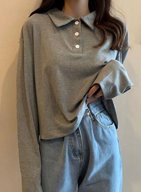 宽松打底衫上衣秋装2023年新款韩版灰色秋季POLO衫长袖T恤女ins潮