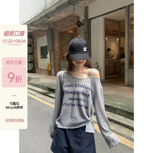 长袖 2025慵懒chic休闲字母斜肩罩衫 T恤女夏甜美宽松显瘦百搭上衣