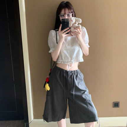 美式复古重工休闲工装中裤女夏季新款宽松直筒五分裤阔腿短裤子潮