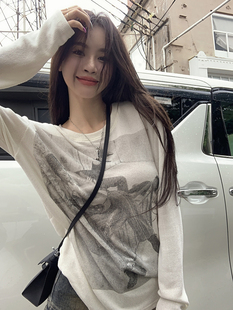 复古长袖 女秋季 美式 针织衫 上衣外搭 薄款 白色宽松休闲T恤防晒罩衫