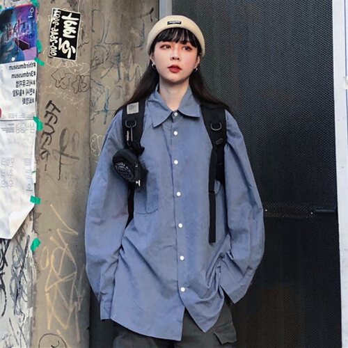 秋装ins雾霾蓝宽松休闲外套衬衫