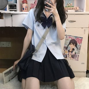 jk制服百褶裙套装 短袖 蓝色刺绣衬衣宽松甜美学院风韩版 衬衫 女夏季