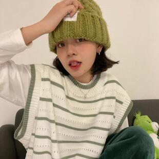 日系小清新条纹破洞马甲女坎肩背心叠穿外搭学院风宽松针织衫