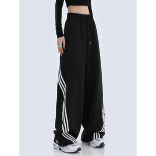 黑色美式休闲卫裤女秋冬季新款斜杠条纹运动裤子直筒阔腿情侣长裤