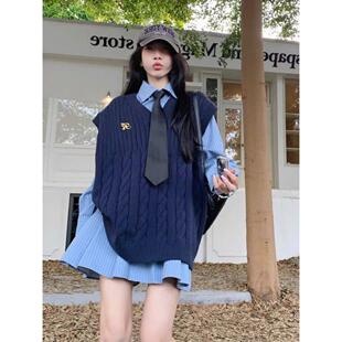 条纹衬衫 早秋季 长袖 女针织马甲背心 裙两件套裙子 学院风叠穿套装