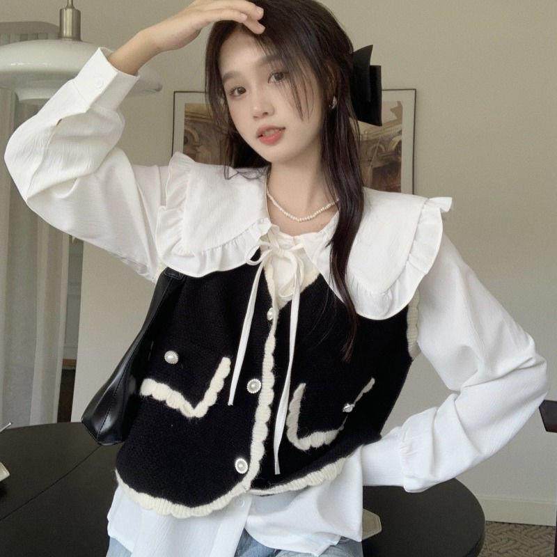 针织背心马甲上衣翻领衬衣两件套