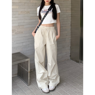 女夏季 美式 工裝 降落傘褲 子 寬松復古抽繩打褶束腳慵懶中性休閑長褲