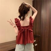 酒红色露背小飞袖 背心 方领无袖 上衣女夏多巴胺别致甜辣娃娃衫 法式