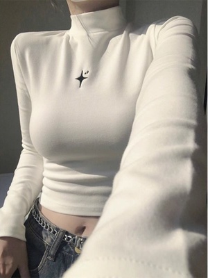 taobao agent White colored long-sleeve, keep warm T-shirt, short jacket, high collar, long sleeve