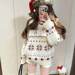 杏色费尔岛套头毛衣女冬季 上衣 圣诞穿搭加厚保暖毛线衣长袖