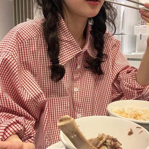甜美单排多扣红色蓝条纹衬衫