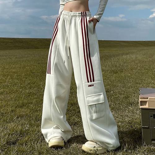 apocket美式复古三条杠休闲运动卫裤女hiphop宽松垂感工装长裤子