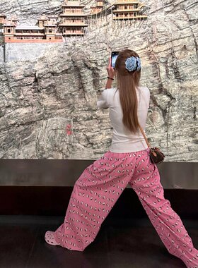 粉色卡通猫咪阔腿裤女夏季冰丝睡裤休闲多巴胺遛弯kt裤子小个子