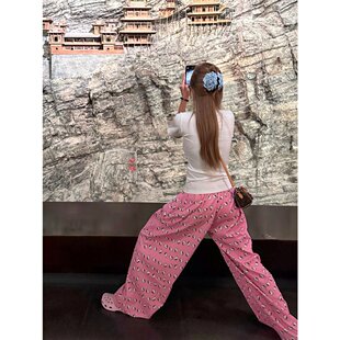 粉色卡通猫咪阔腿裤女夏季冰丝睡裤休闲多巴胺遛弯kt裤子小个子