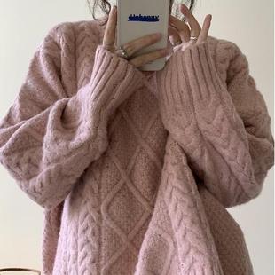 日系麻花套头毛衣女秋冬内搭慵懒风可外穿圆领粗毛线休闲针织衫女