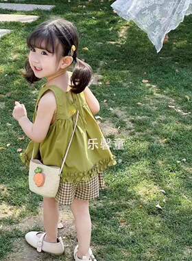 夏季新款2026韩系女童小女孩超萌公主风吊带背心格子短裤潮流套装
