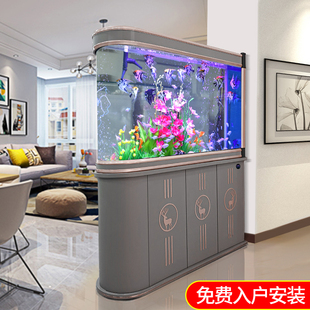 子弹头鱼缸客厅落地家用中大型屏风玄关生态玻璃水族箱底过滤