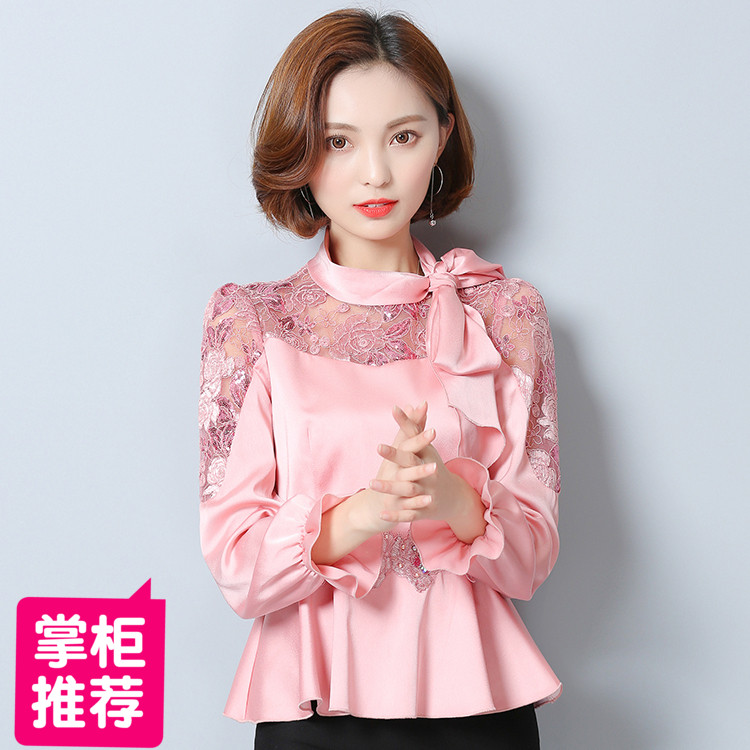 春装新款新品韩版百搭衬衣打底小香风刺绣甜美修身衬衫蝴蝶结长袖