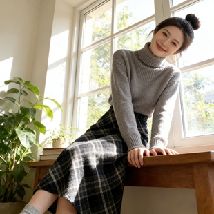 小慧姑娘xxs码150小个子格纹毛呢半身裙显高伞裙高腰中长款a字裙