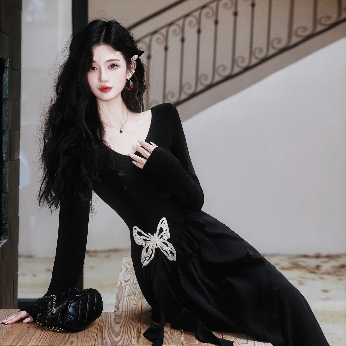 小慧姑娘XXS码小个子暗黑少女法式复古蝴蝶不规则气质小黑裙长裙