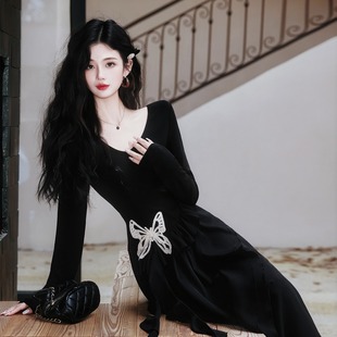 小慧姑娘XXS码小个子暗黑少女法式复古蝴蝶不规则气质小黑裙长裙